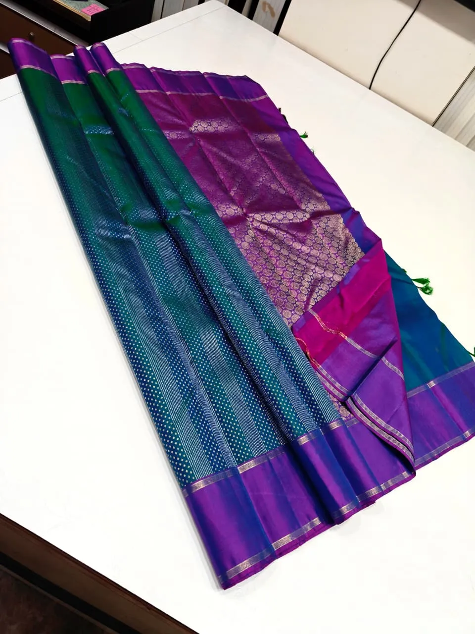 Kanchipuram Silk Blend Saree with Contrast Zari Border and Micro-Checked Pattern